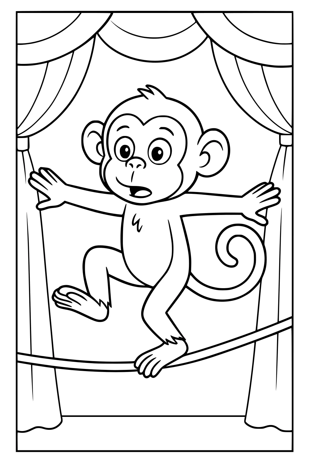 Monkey with wide eyes balancing on a rope, arms out, framed by stage curtains.