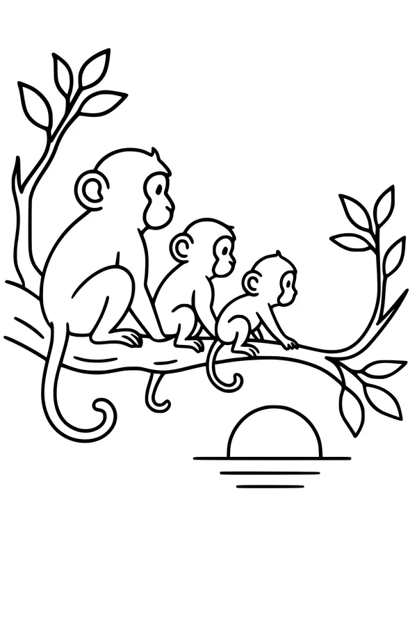 Monkey Family Watching the Sunset