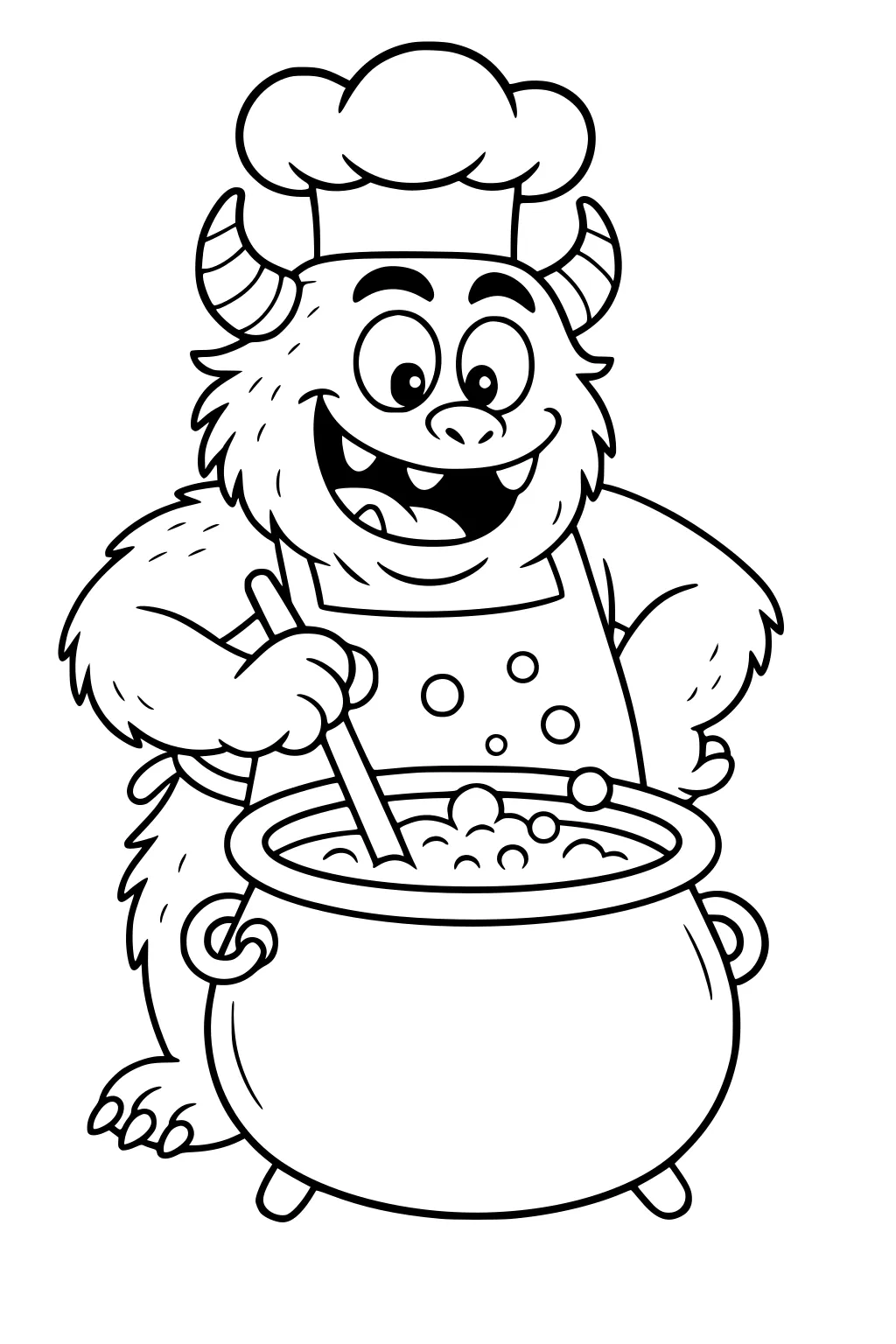 Smiling furry monster chef with horns stirs a bubbling cauldron, wearing a tall chef hat and polka-dot apron.