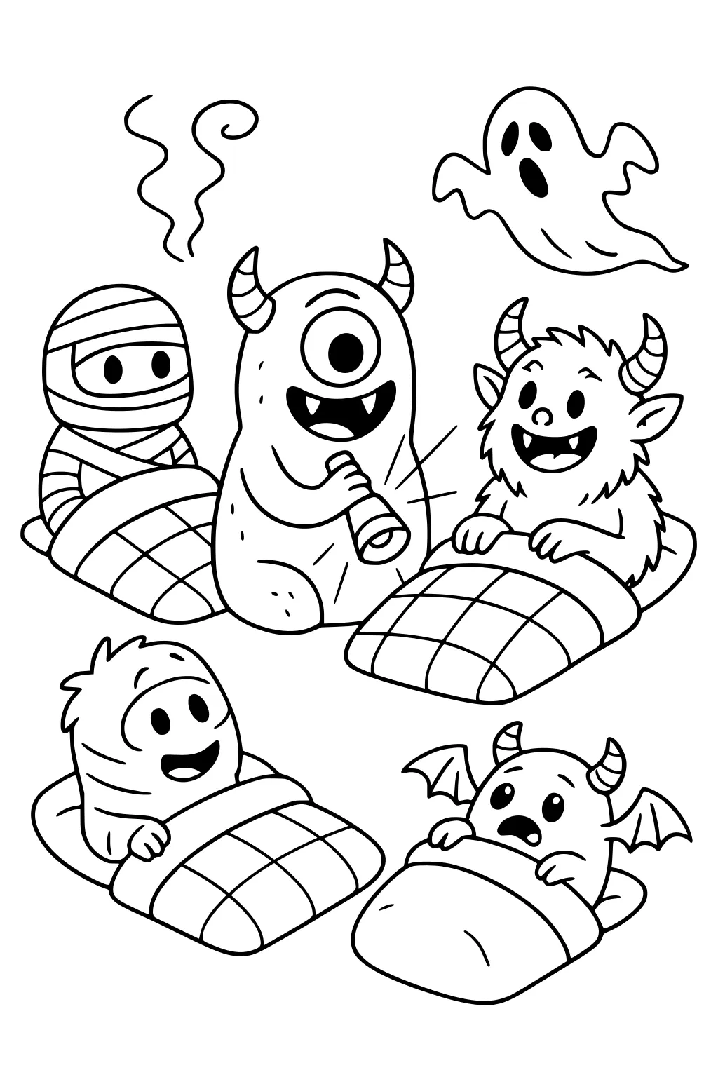 Five monsters in sleeping bags; cyclops holds a flashlight, ghost floats above, quilted blankets with squares.
