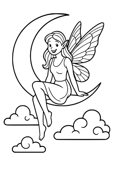 Free Fairy Coloring Page - Elf Girl on Crescent Moon (Printable PDF)