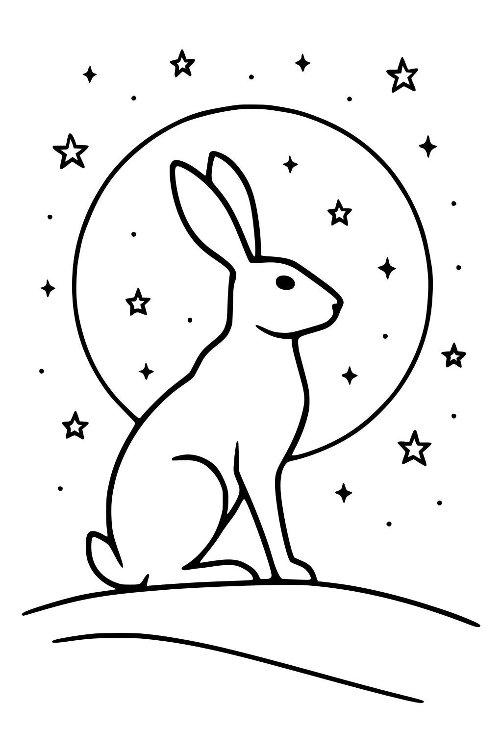 Hare sitting upright on a hill with a full moon and stars in the sky.