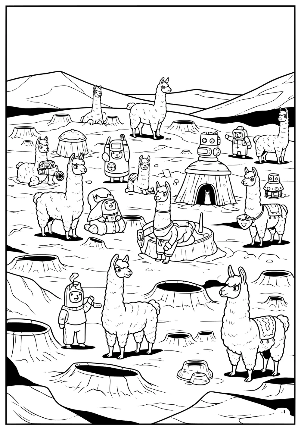Several llamas and robots on a cratered moon landscape, with astronaut kids and moon houses in the background.