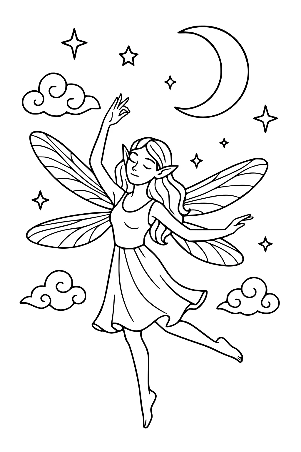 Smiling fairy girl with long hair and big wings dancing under a crescent moon with stars and swirly clouds.