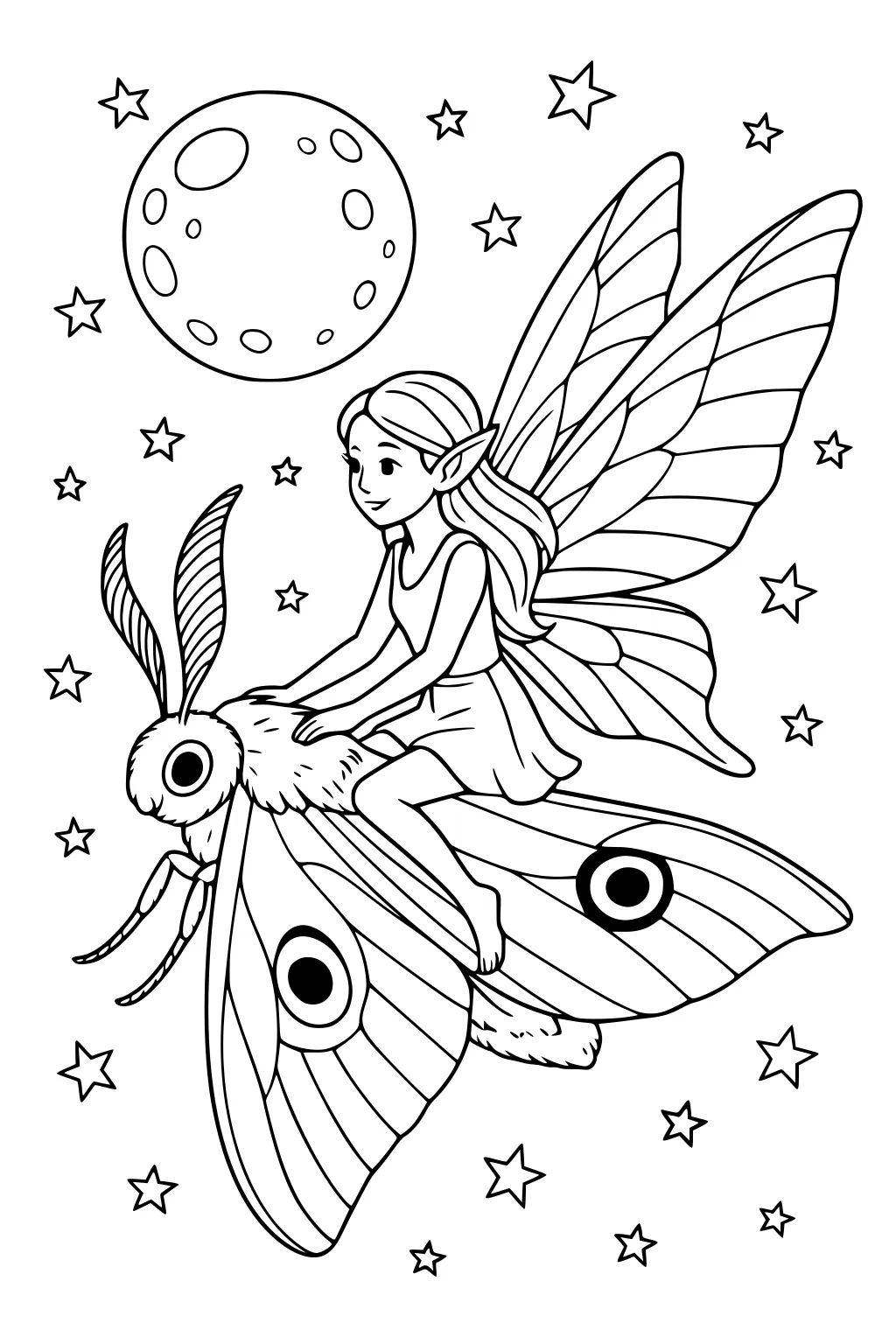 Fairy girl riding a giant moth under a big moon with stars; wide patterned wings, fluffy body, and long antennae.