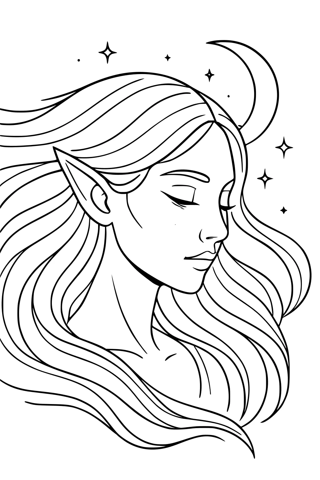 Profile of a fairy girl with pointed ear, long flowing hair, eyes closed, with a crescent moon and stars behind her.