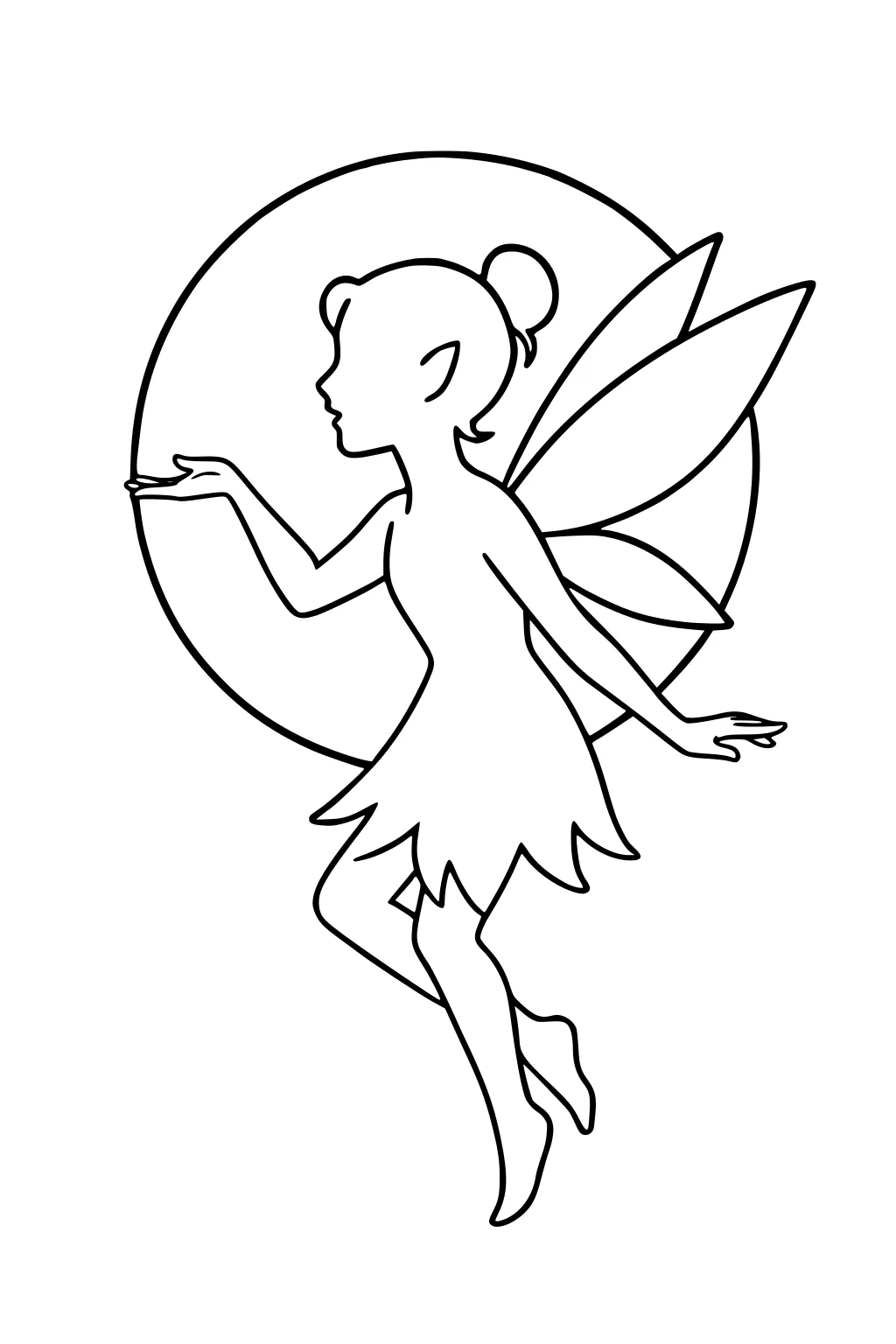 Fairy girl outline with leaf wings floating before a large moon, one hand extended, bun hair, petal dress, side profile.