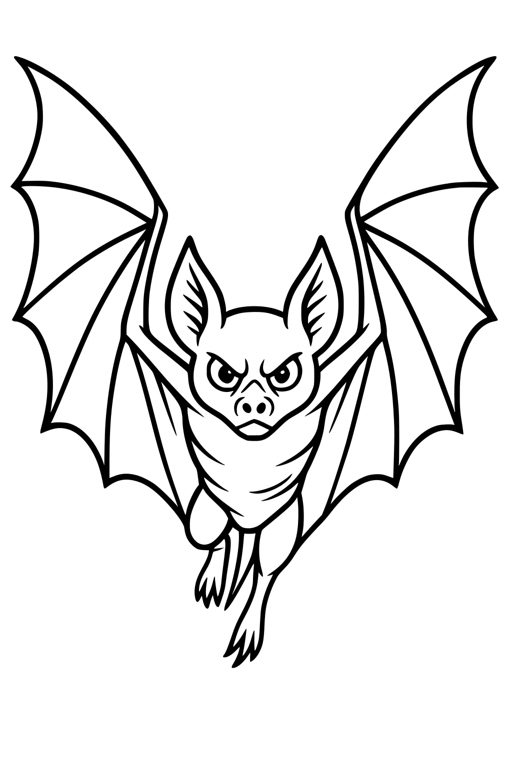 Cartoon bat with big open wings and pointed ears flying forward, face shown with determined expression.