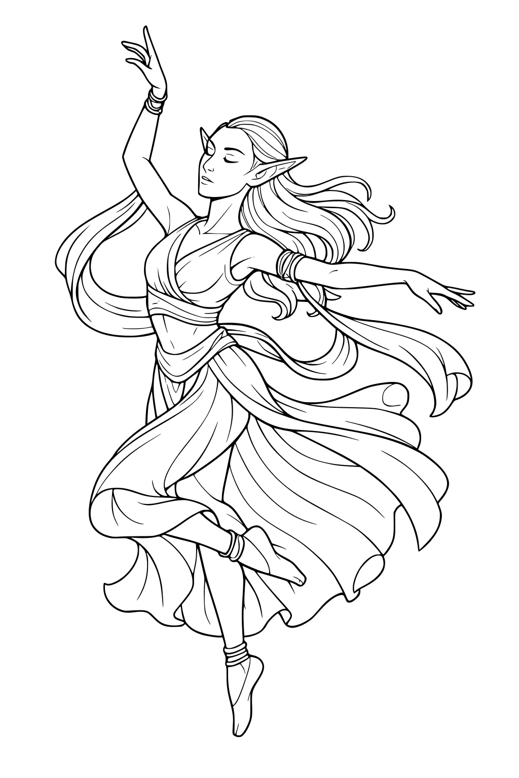 Elf girl dancing, long hair, pointed ears, layered dress, arms out, floating ribbons and bracelets, pointed toes, white background.