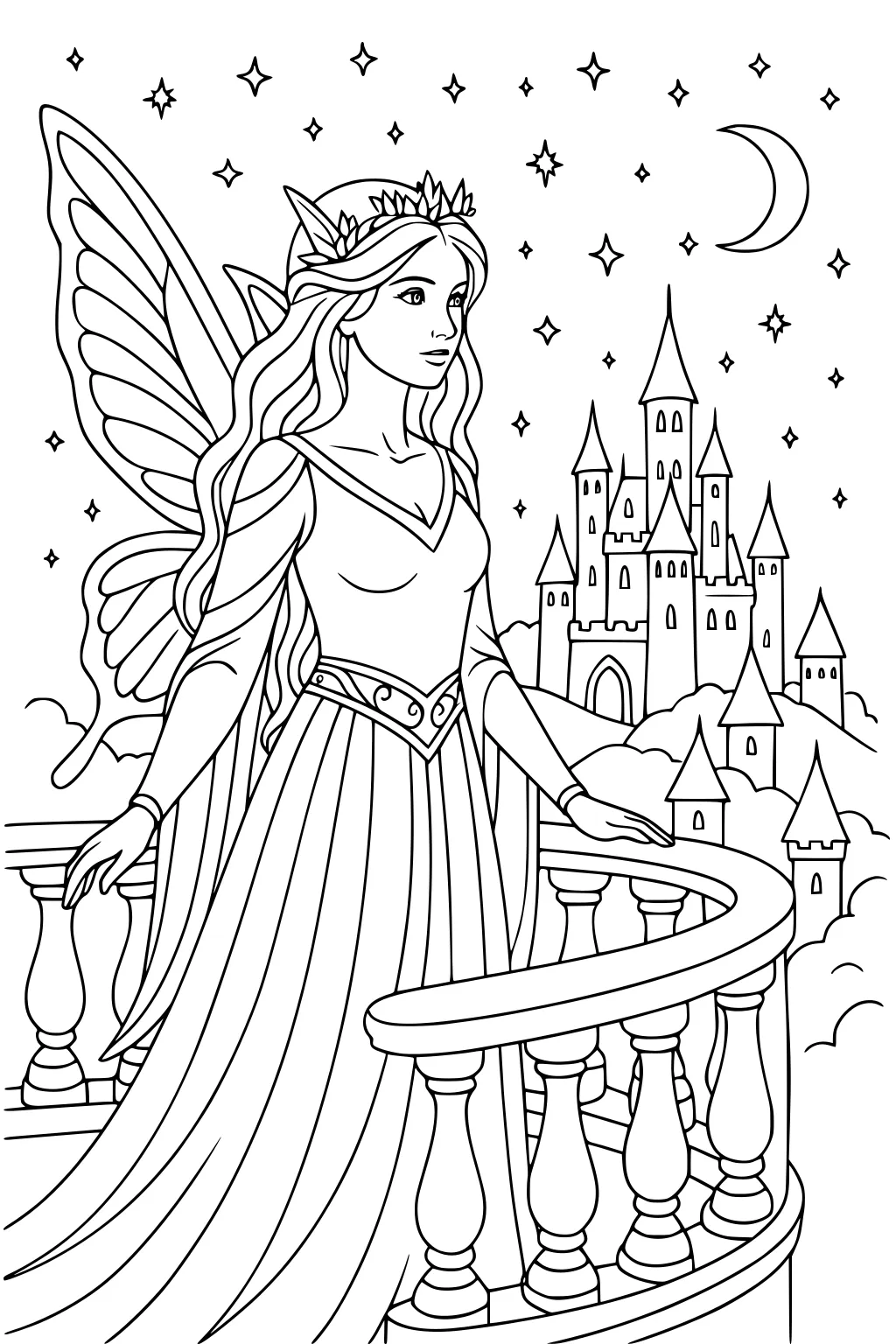 Fairy girl with wings on a balcony, long gown, flower crown, stars, crescent moon, and a cloud castle in the background.
