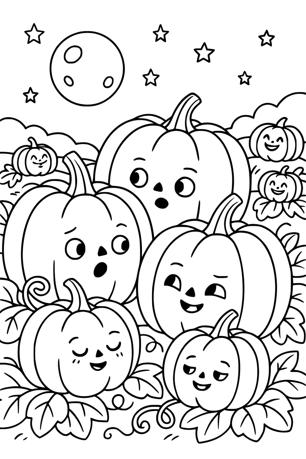 Expressive pumpkins in a moonlit patch with curly vines, big leaves, clouds, stars, and smaller grinning pumpkins in the background.