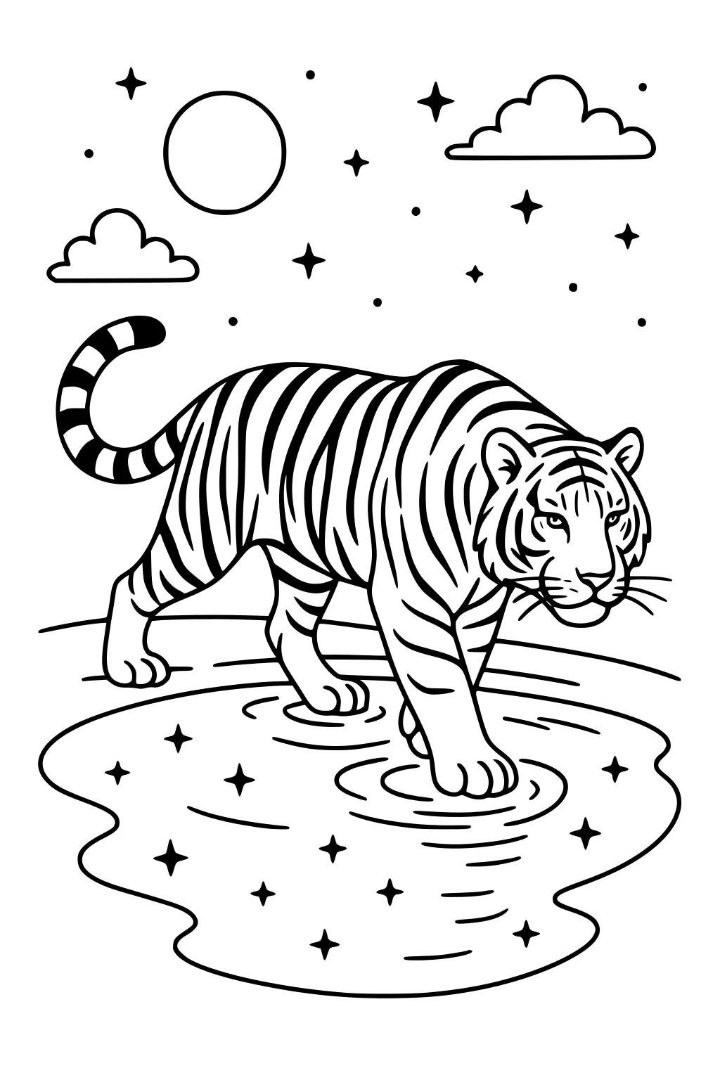 Tiger with stripes walks through water at night, moon, stars, and clouds overhead.