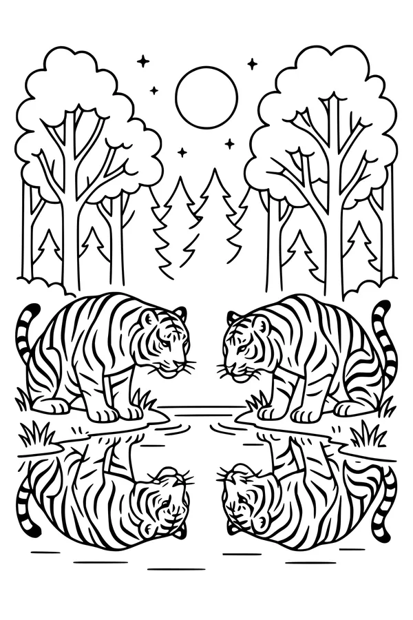 Tigers at the Quiet Forest Pond