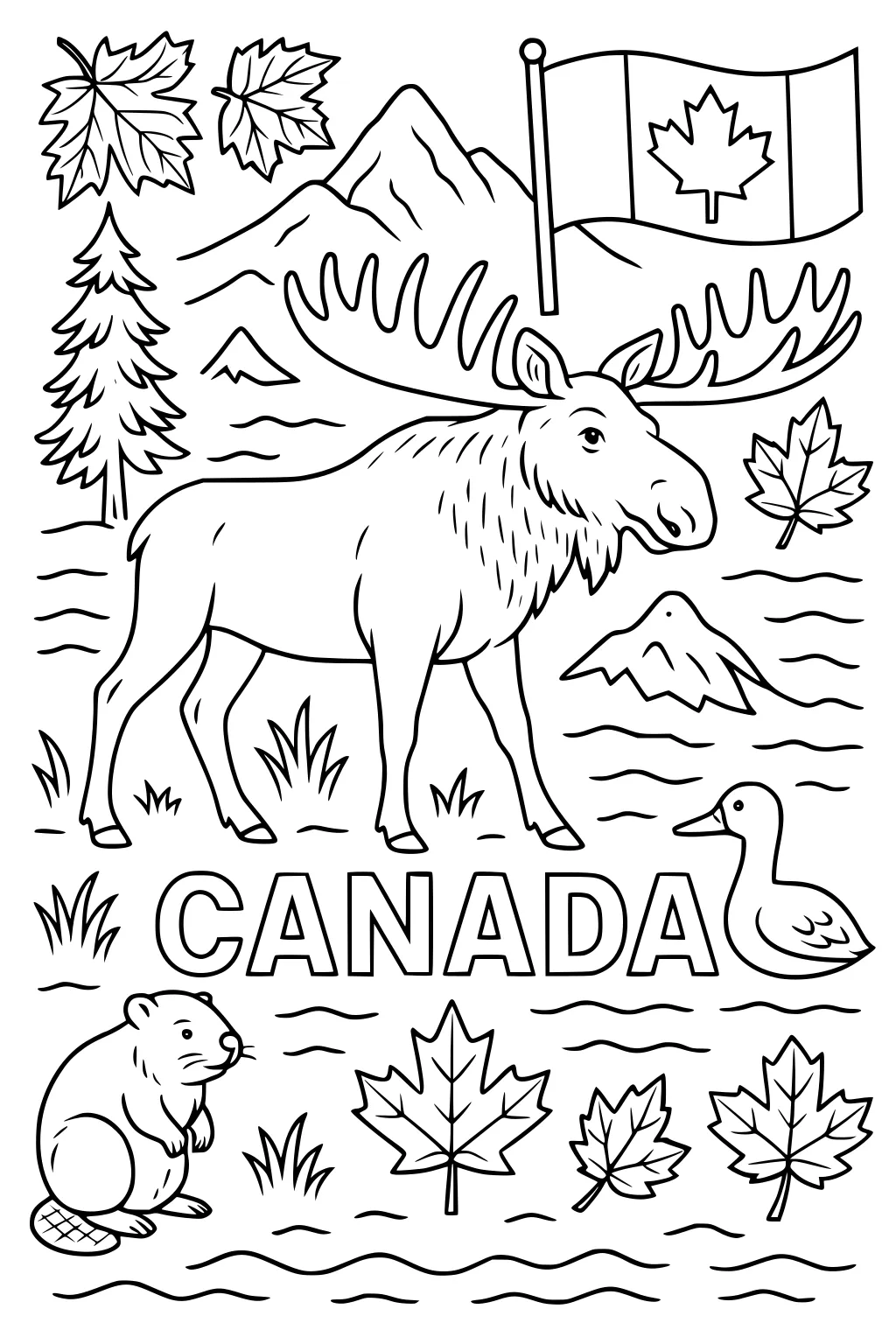Moose by a lake with beaver, duck, maple leaves, pine trees, mountains, and a Canadian flag, with CANADA written below.
