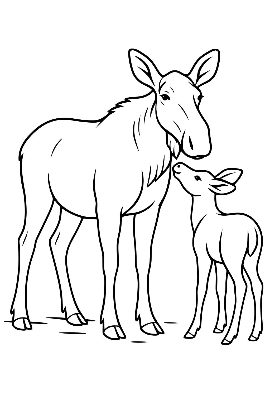 Mother moose standing beside her calf. Both have gentle eyes, upright ears, and are drawn in simple cartoon lines.