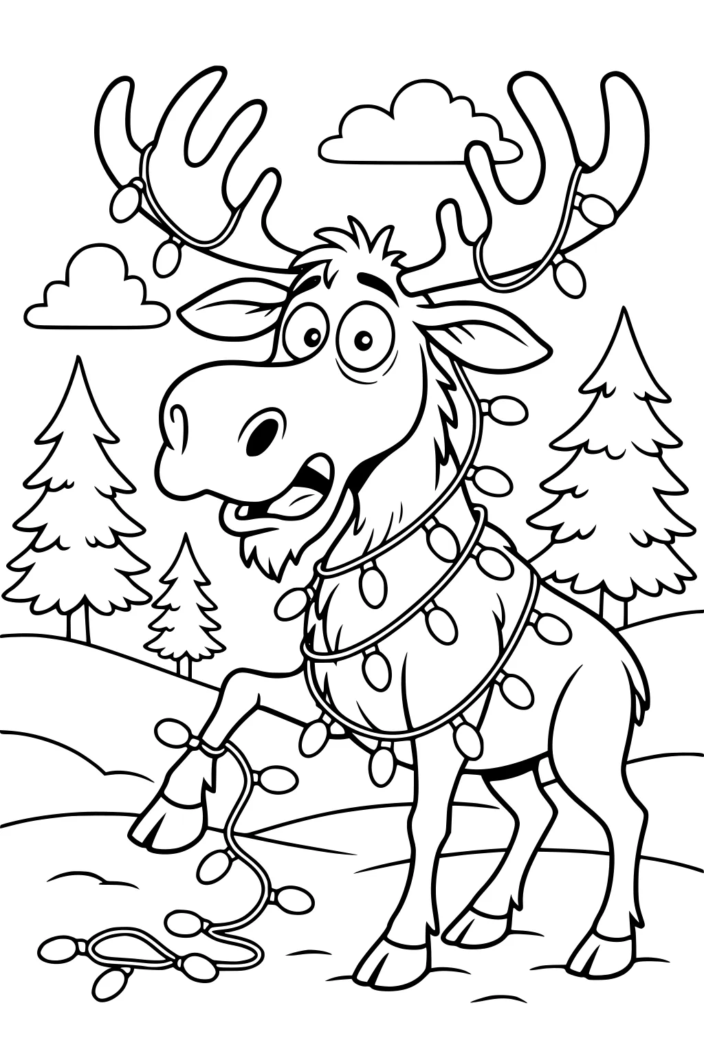 Cartoon moose wrapped in Christmas lights, standing in a snowy forest with pine trees and clouds behind him.