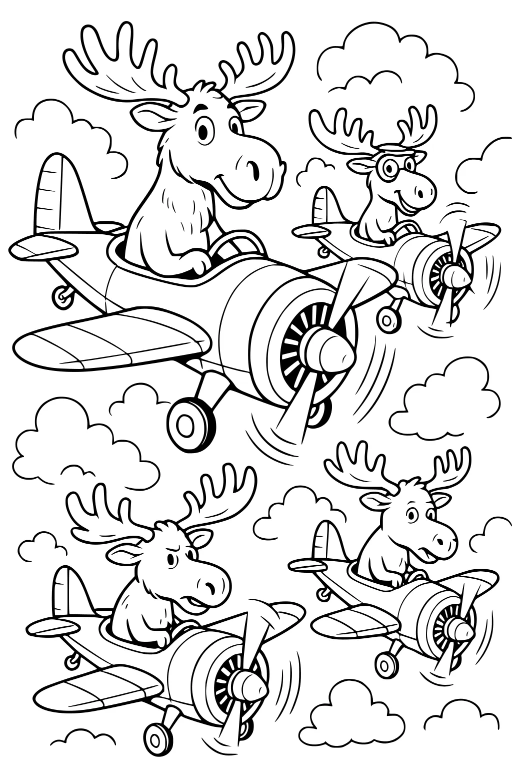 Four cartoon moose with antlers fly vintage airplanes through big fluffy clouds. One moose wears goggles. All planes have turning propellers.