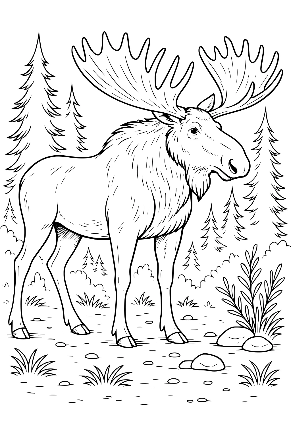 Moose with large antlers standing in a forest clearing with pine trees and plants.