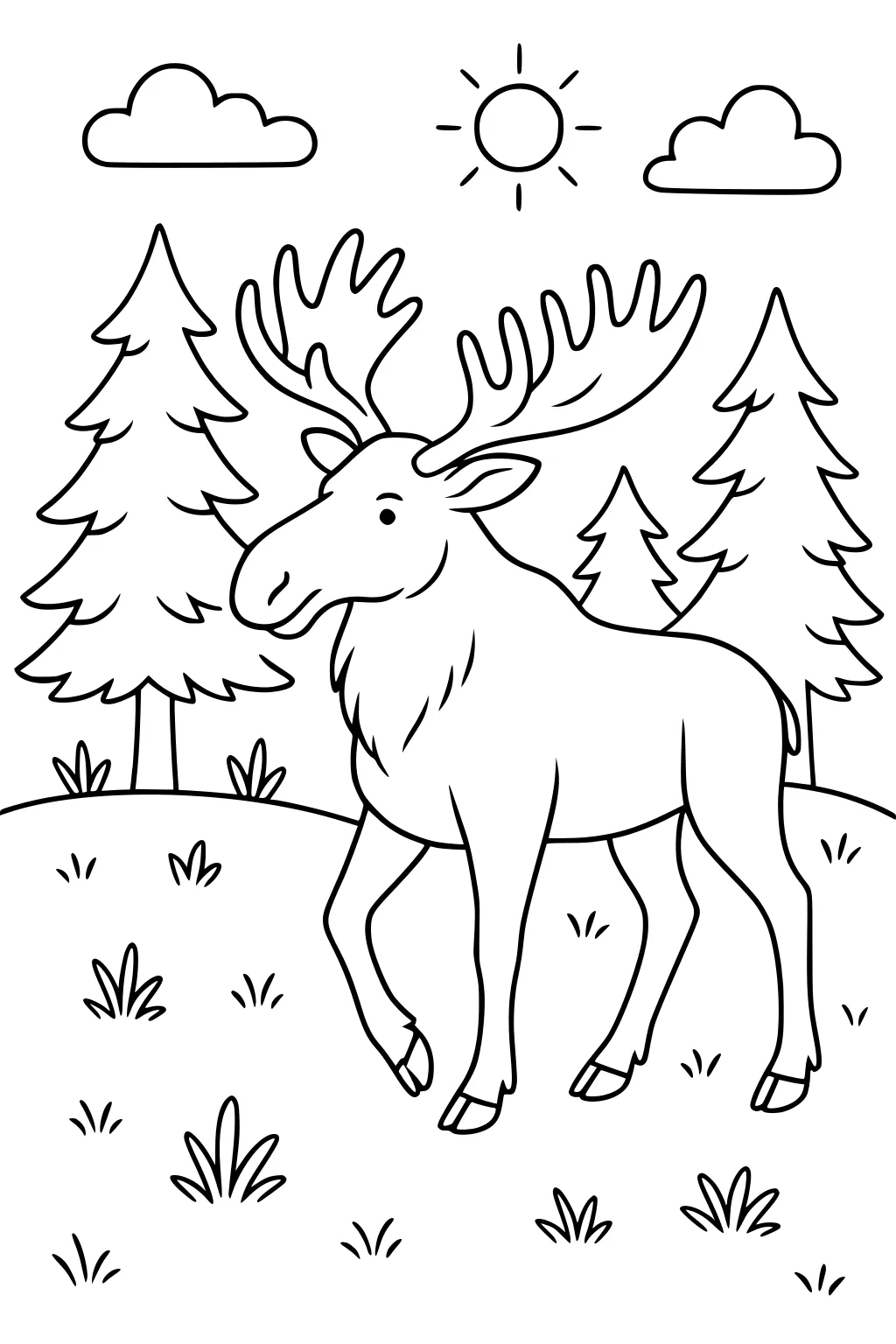 Moose with large antlers walking in a grassy clearing, surrounded by pine trees, with sun and clouds in the sky.