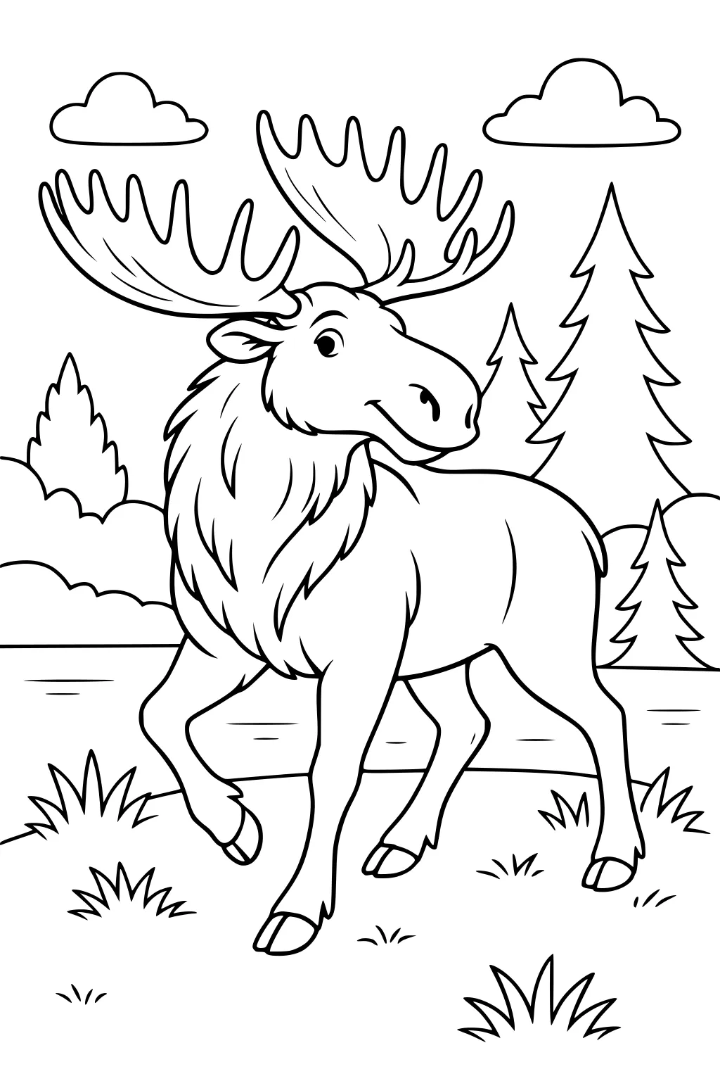 Moose with large antlers walking by a river in a forest with pine trees and clouds.