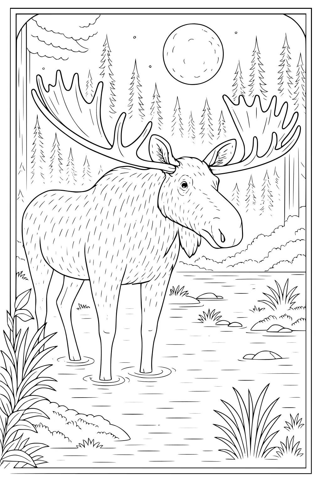 Moose with antlers standing in a pond surrounded by grass, rocks, trees, and a full moon in the background.