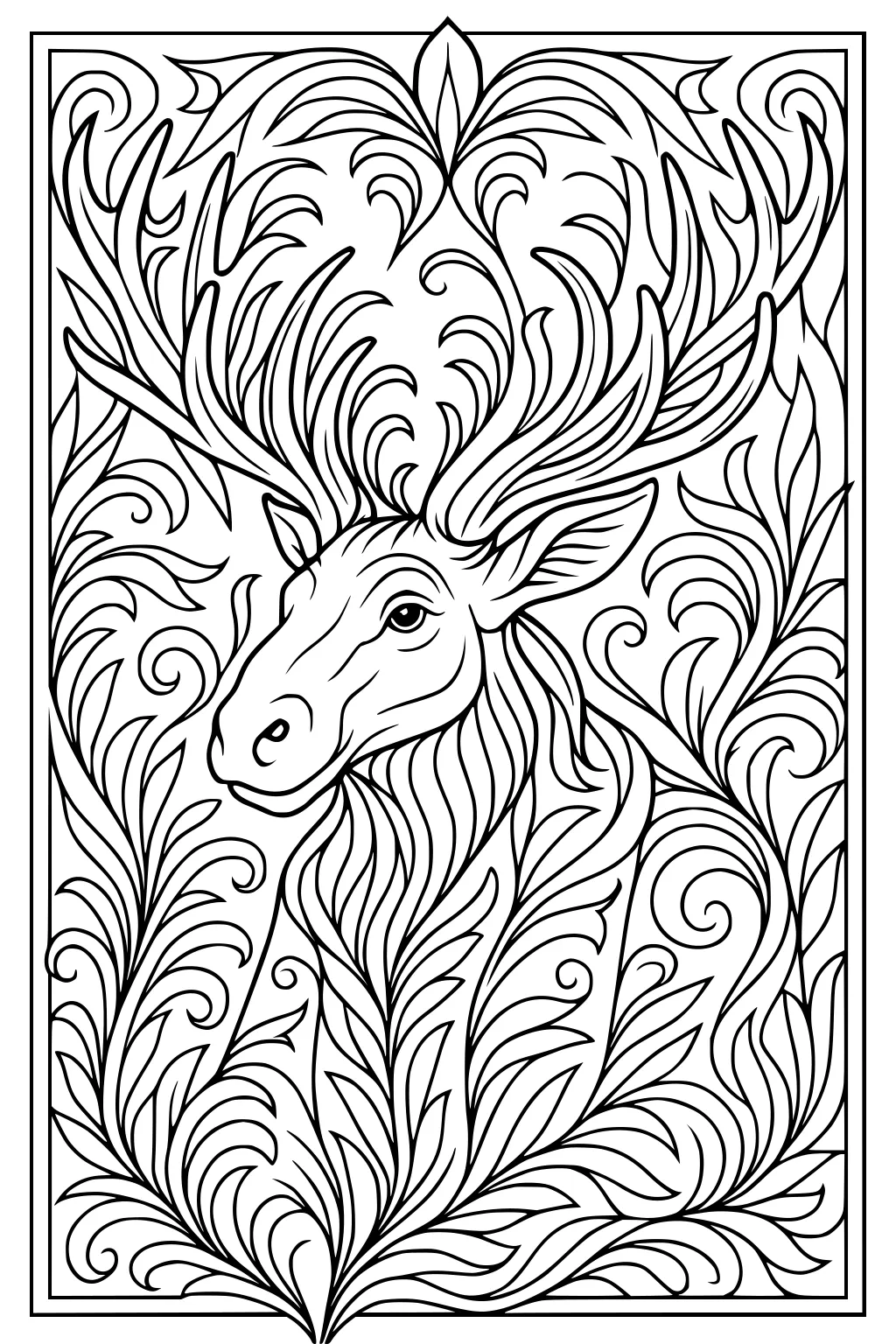 Moose head with big antlers surrounded by swirling leafy patterns inside a rectangular frame.