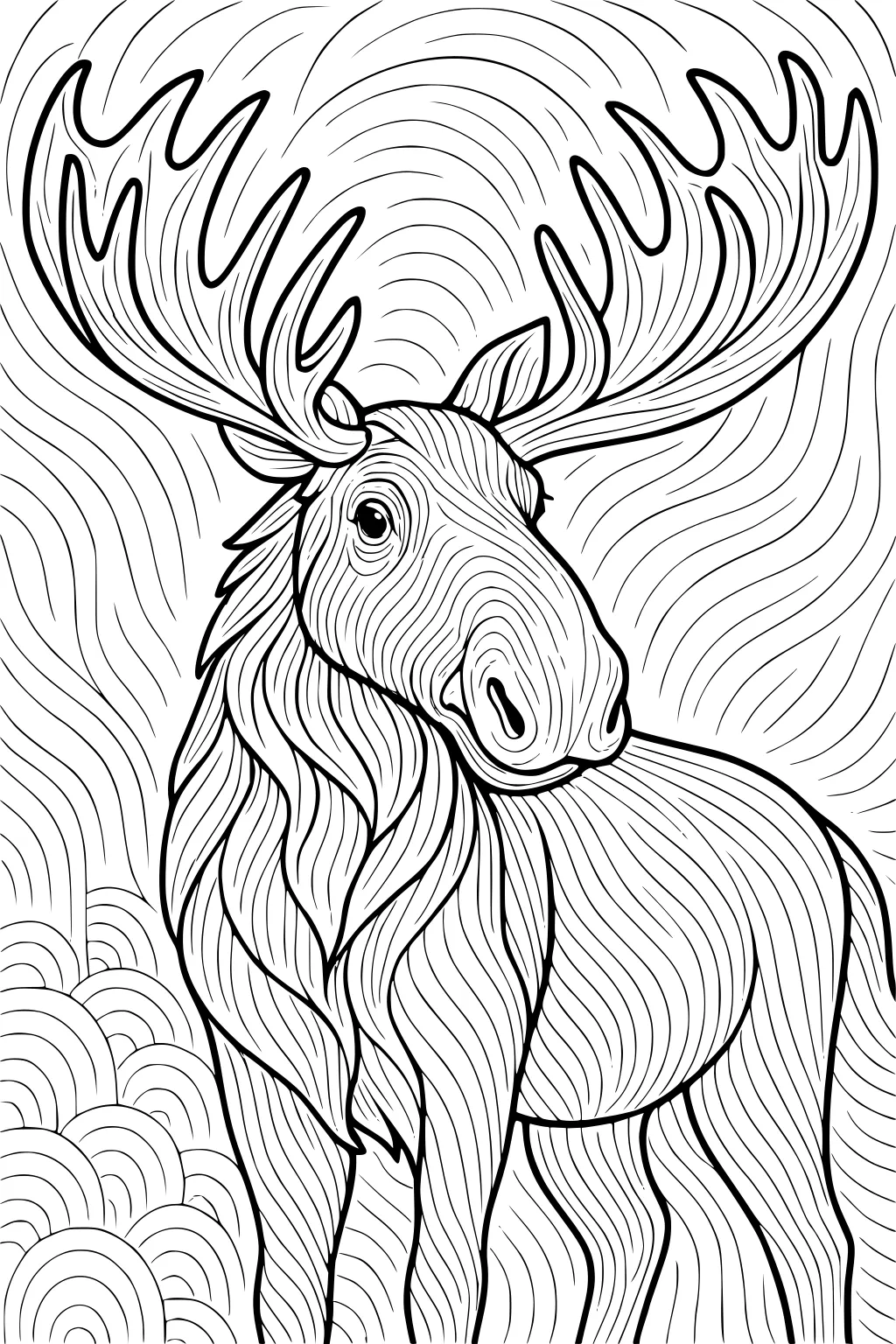 Moose with large antlers and swirly line patterns covering its body and background.