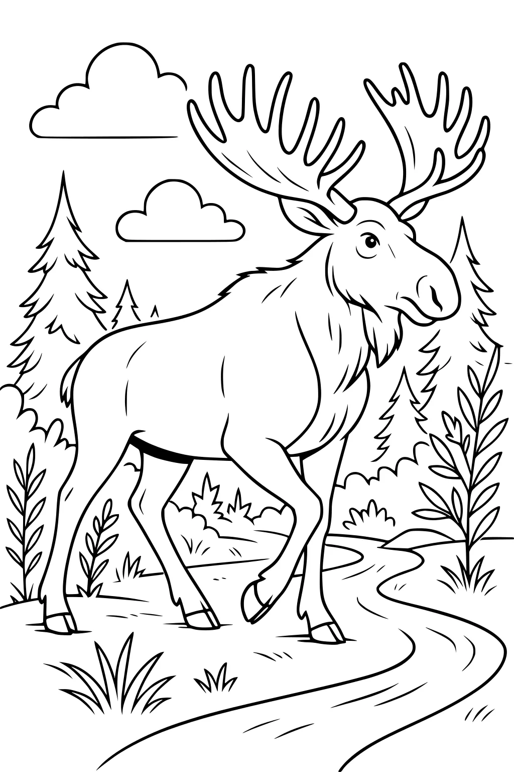 Moose walking along a curvy stream in the forest with tall pine trees, grass, bushes, and fluffy clouds in the sky.