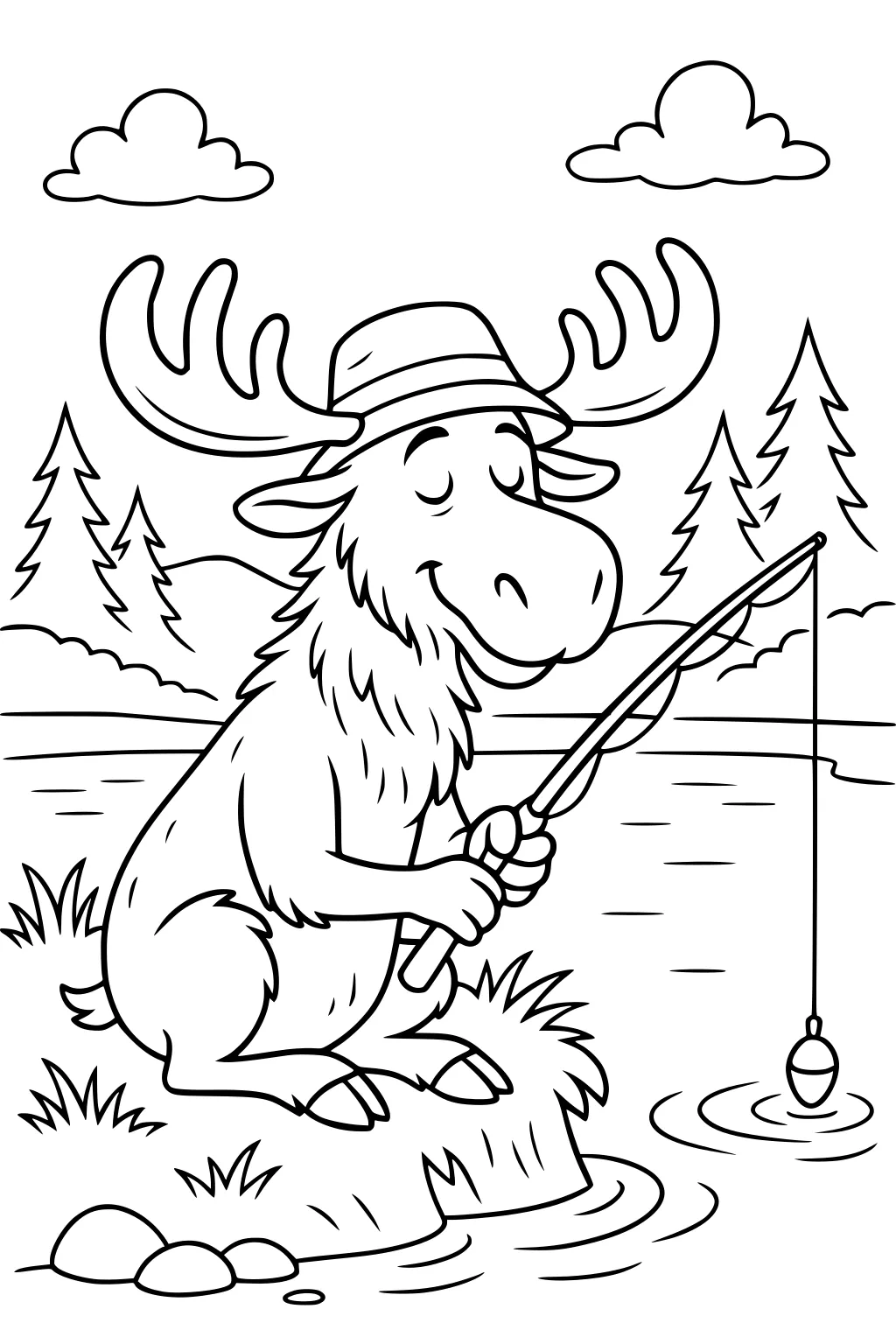 Moose in a hat holding a fishing pole at a lake shore with pine trees and clouds behind him.