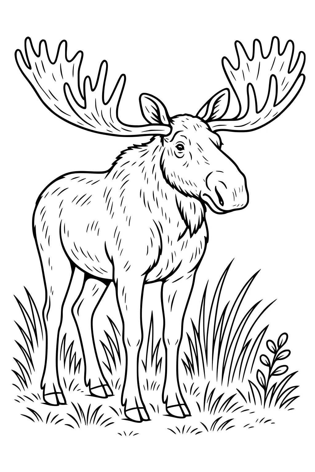 Moose with large antlers stands in grass, surrounded by leafy plants and looking forward