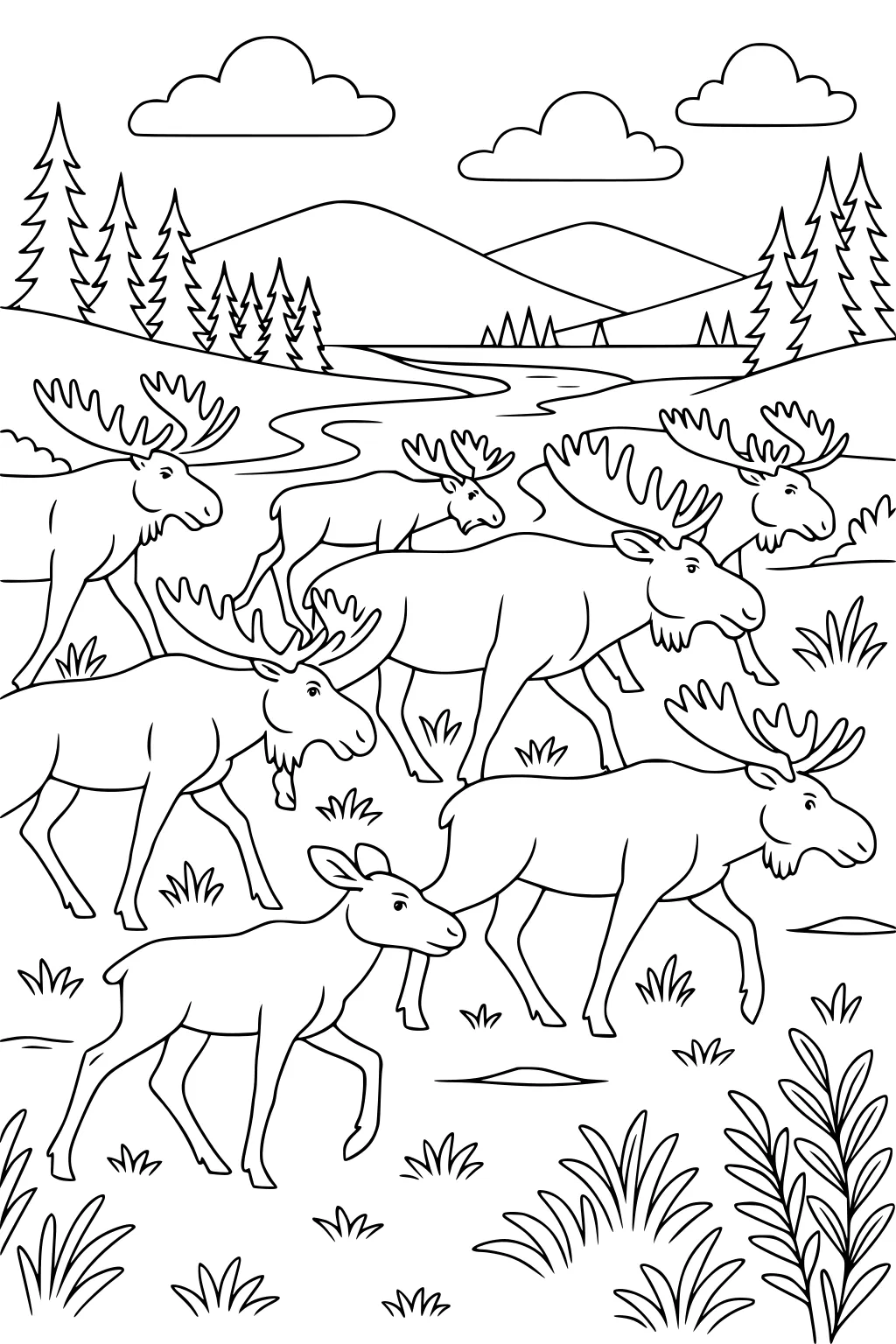 Six moose and a calf walk in a grassy field by a river with mountains, pine trees, clouds, and bushes in the background.