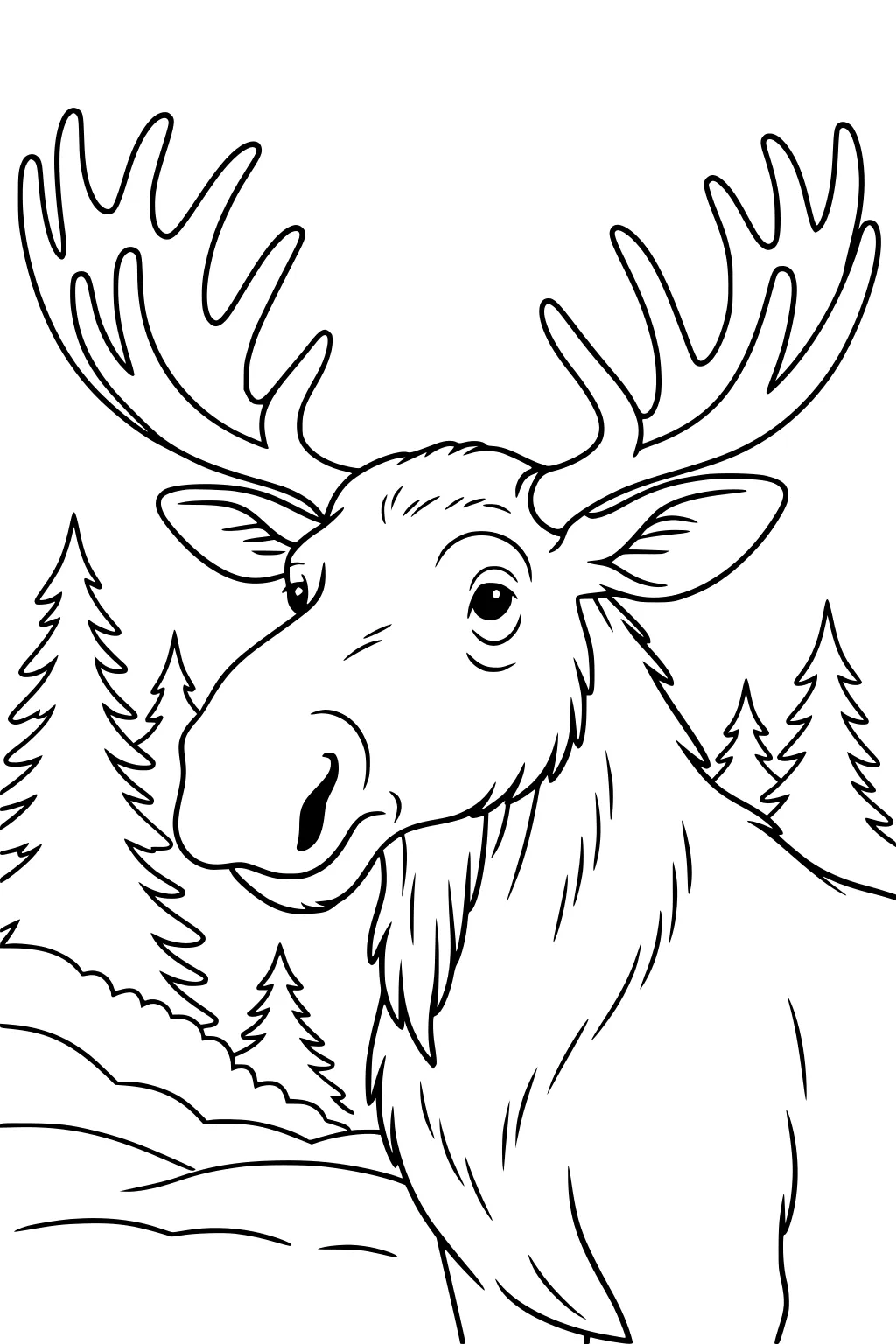 Large moose with sprawling antlers standing in front of pine trees and snow-covered hills.