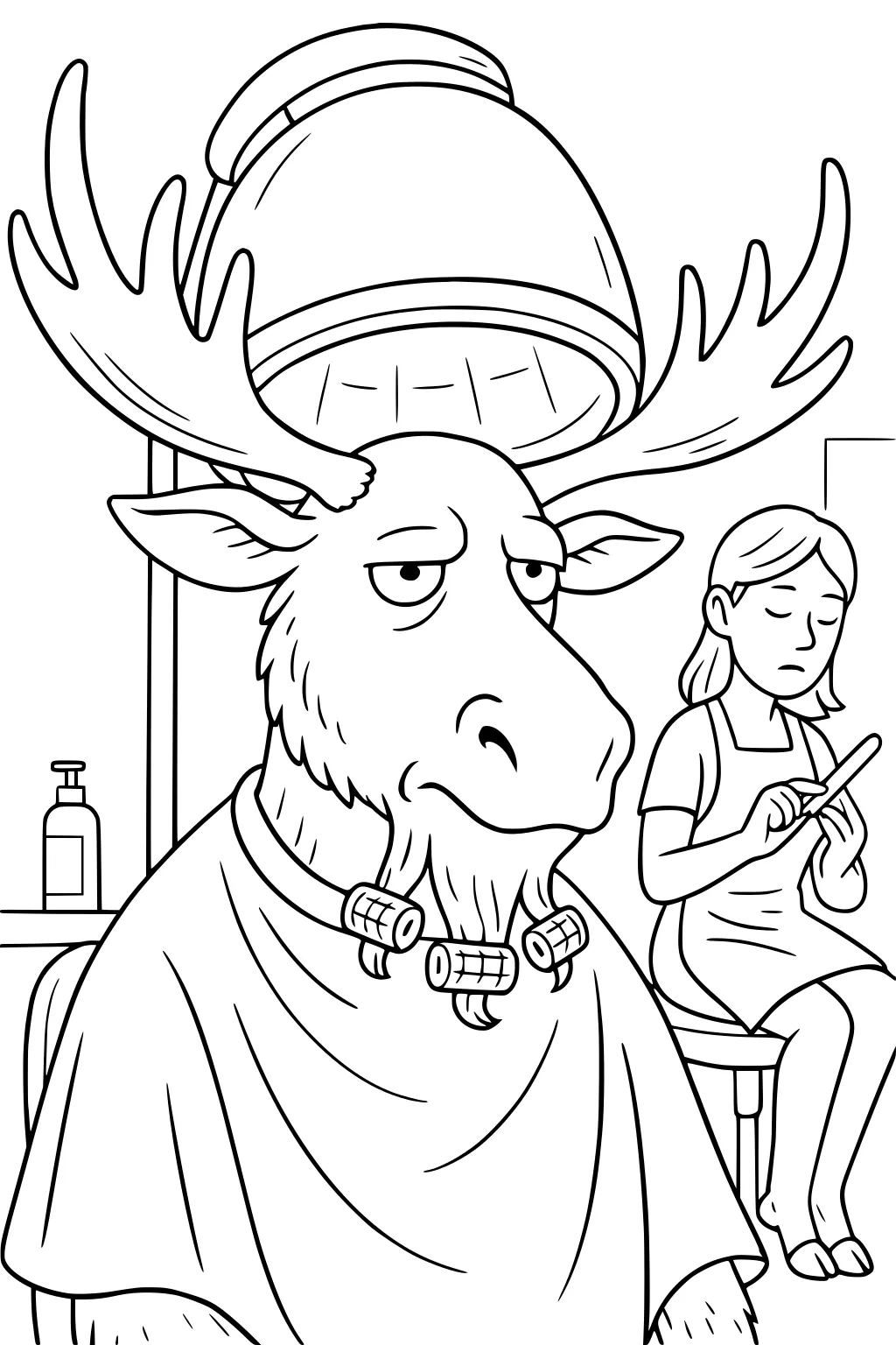 Moose with curlers in beard under hair dryer at salon, girl filing nails in background.