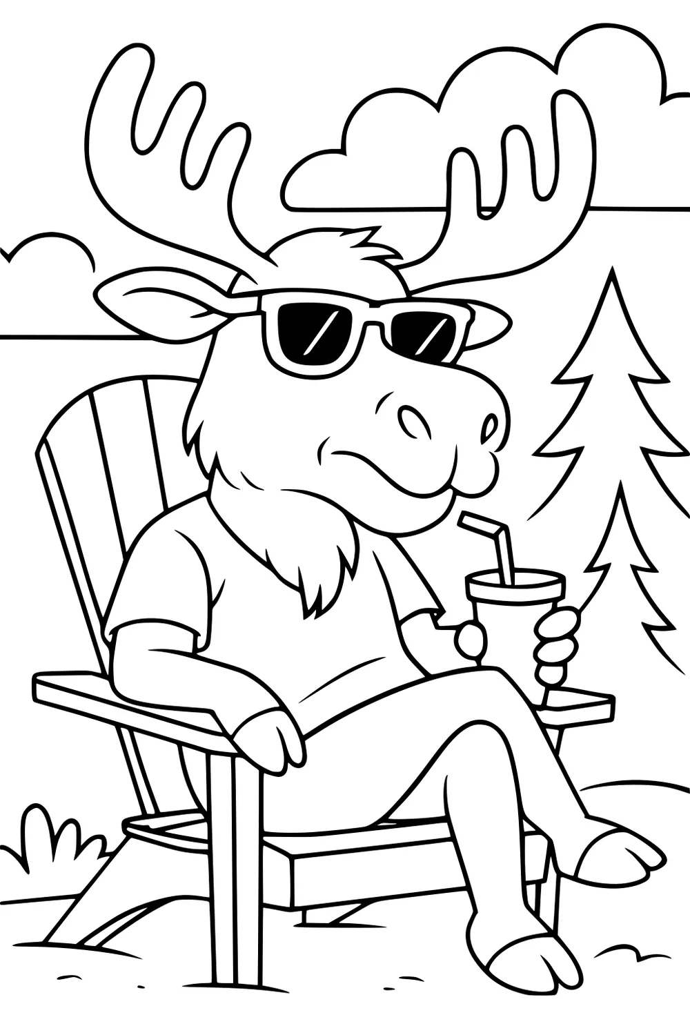Moose in sunglasses and t-shirt sits in a chair, holding a drink with a straw, with trees and clouds in the background.