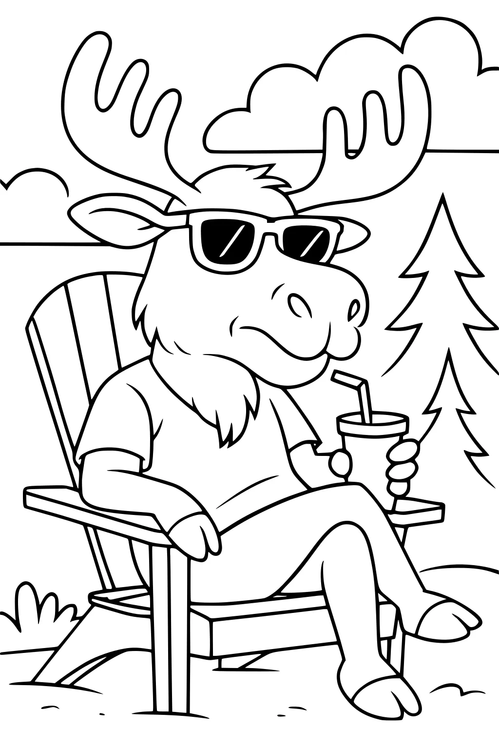 Moose in sunglasses and t-shirt sits in a chair, holding a drink with a straw, with trees and clouds in the background.