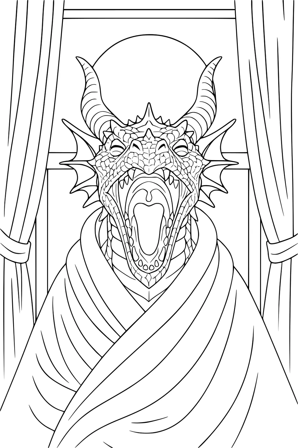 Dragon in a robe between curtains, mouth wide open, horns and frills visible, round window behind, detailed scales and teeth.
