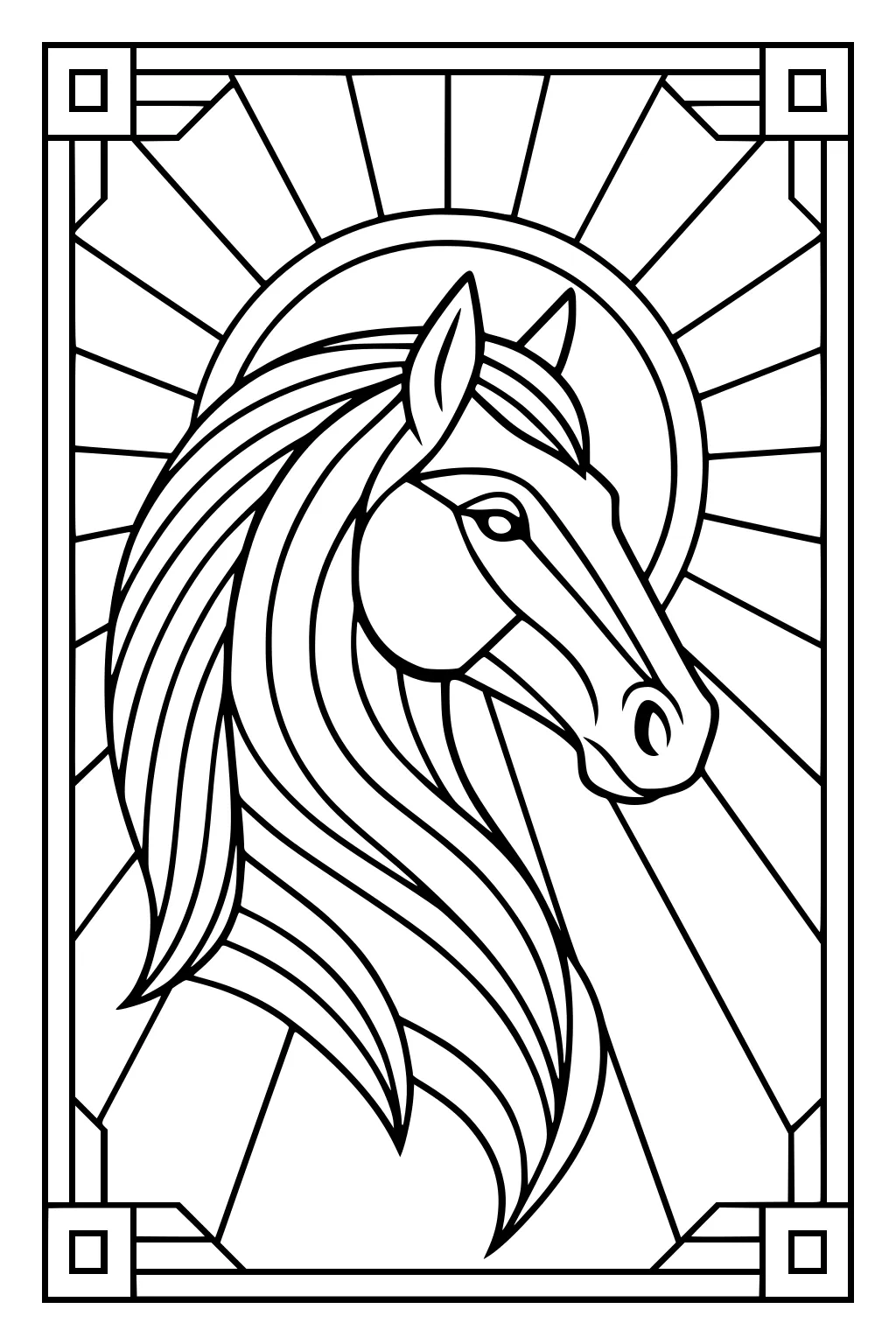 Outlined horse head with a flowing mane in front of sunburst lines and a decorative rectangular border.