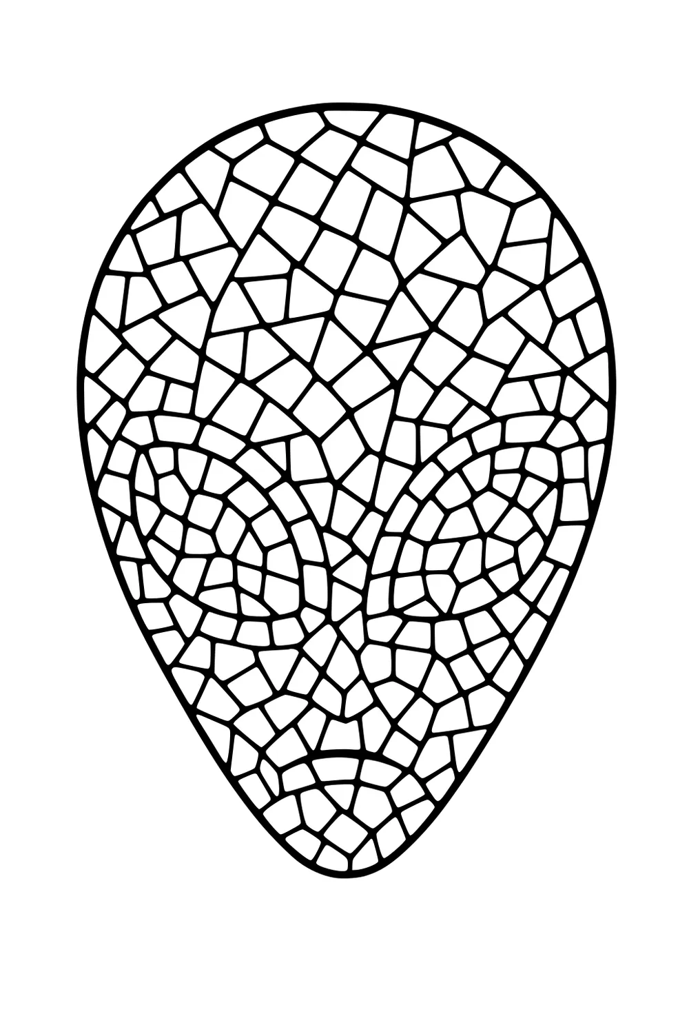 Mosaic alien head with large almond eyes made of many small geometric tiles and thick black outlines.