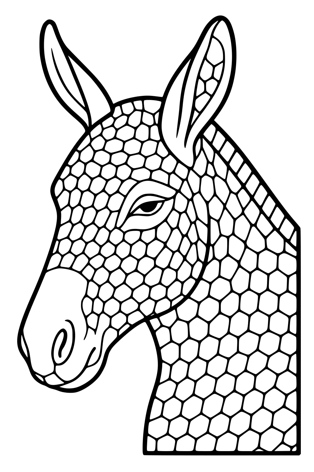 Donkey head with large ears and a pattern of hexagons covering its face and neck.