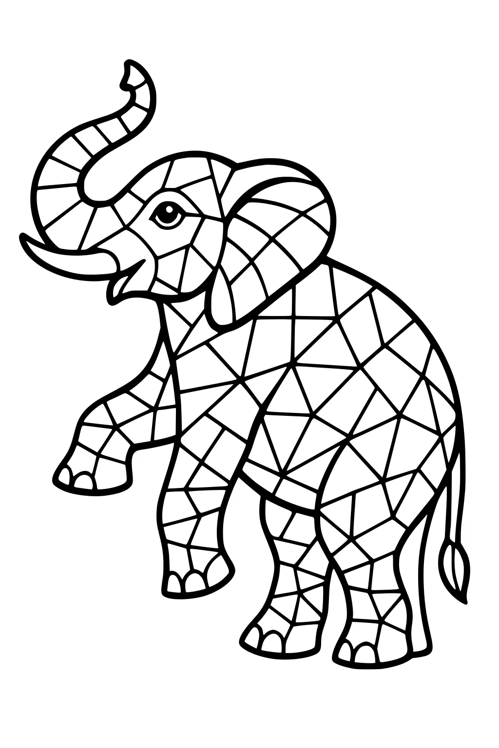 Geometric elephant with one leg raised and trunk up, divided into triangles and diamond shapes, cartoon style.