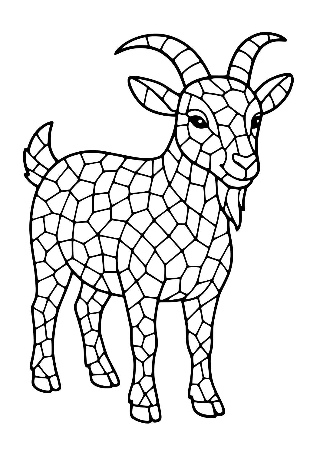 Goat with mosaic pattern fur, curved horns, and beard, standing on all fours, outlined in bold lines.