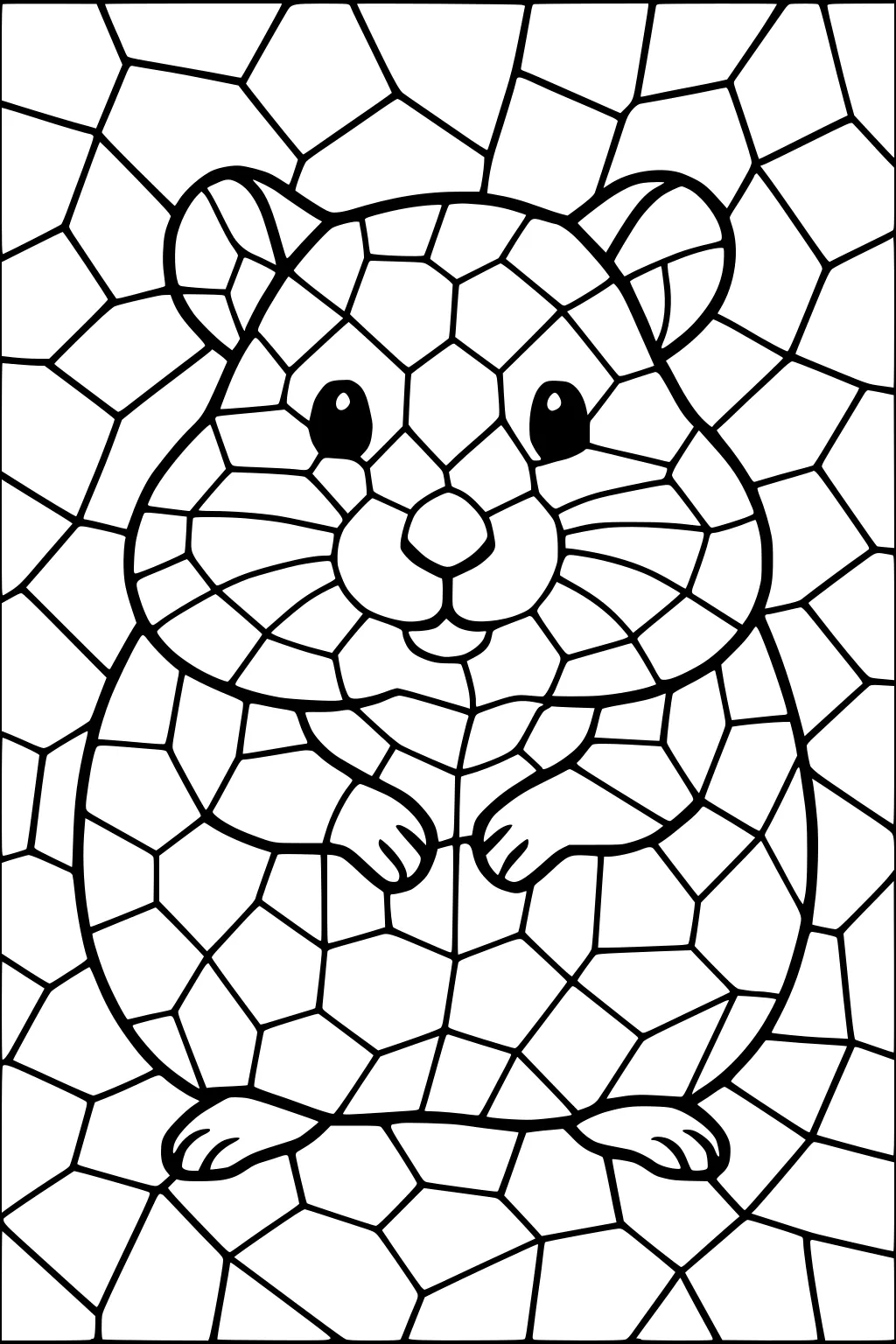 Hamster with large cheeks and small paws sitting upright, outlined with mosaic-style lines in the background and body.