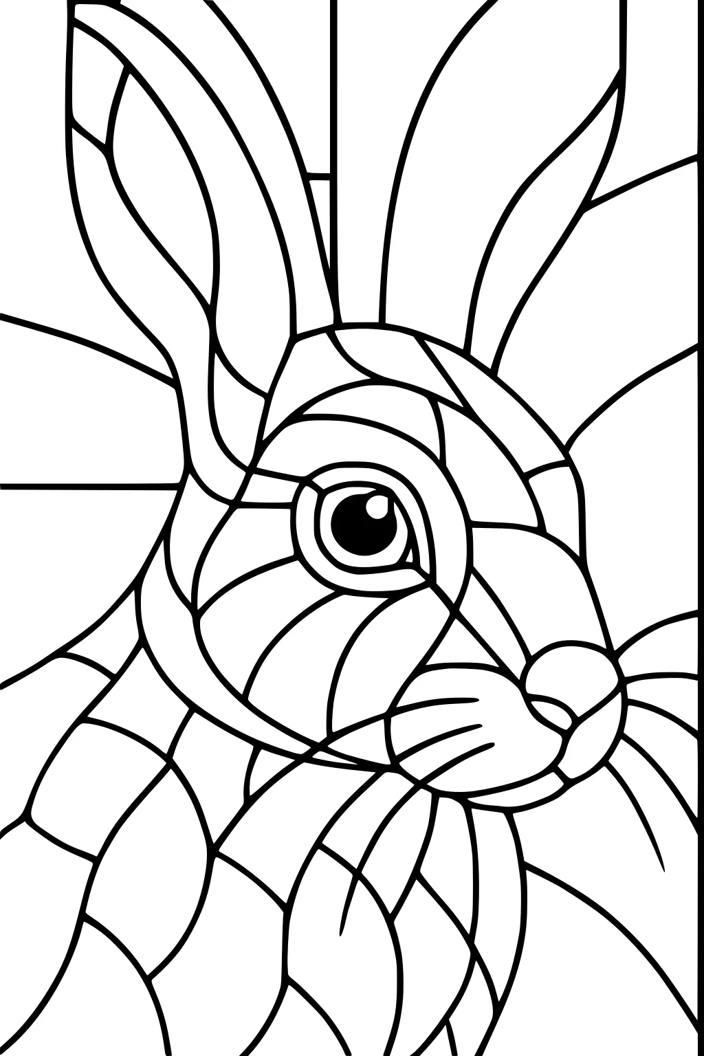 Outlined mosaic hare with large upright ears, segmented fur, and one round eye, surrounded by geometric shapes.