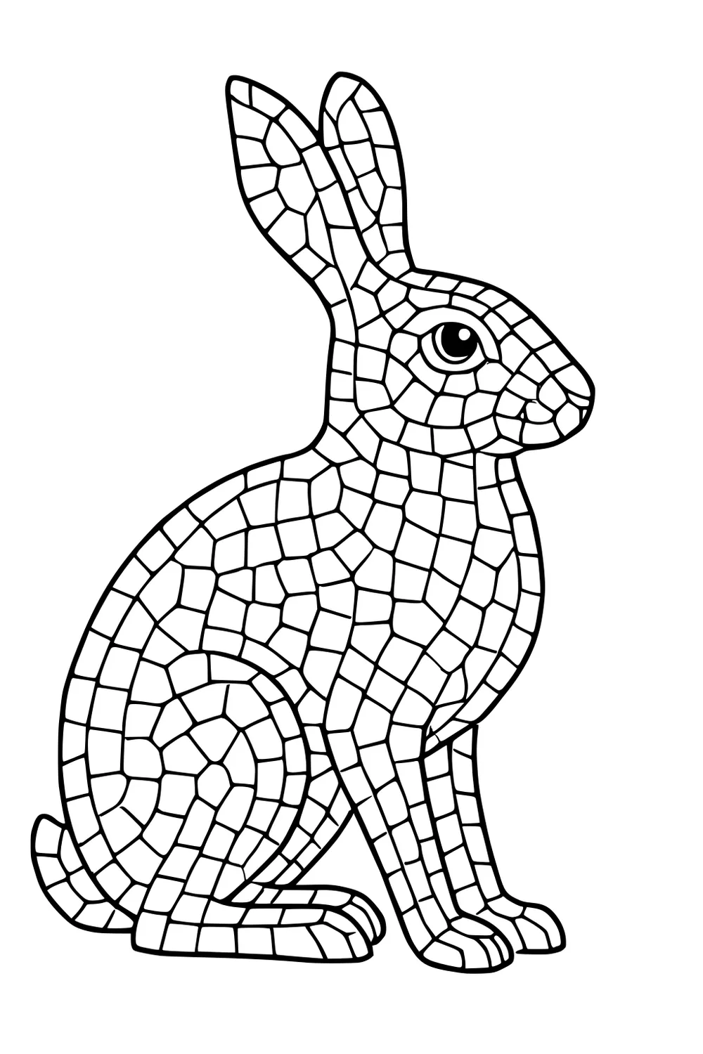Mosaic rabbit sitting upright with patchwork sections covering its body and big upright ears.