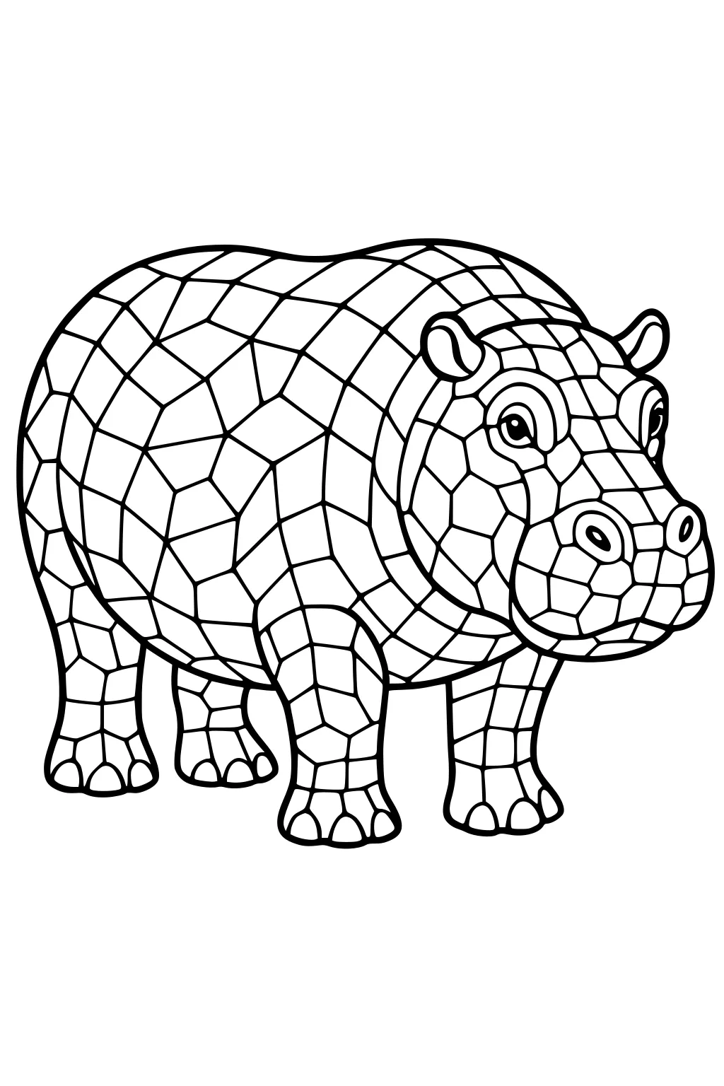 A hippopotamus with a mosaic pattern on her body stands facing forward in a simple, outlined drawing.