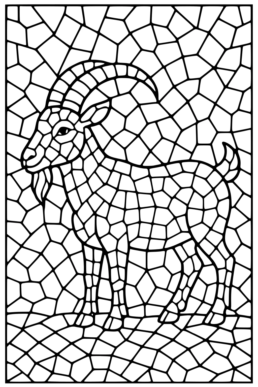 Outlined mosaic-style goat with curved horns standing on patterned ground in front of a stained-glass effect background.
