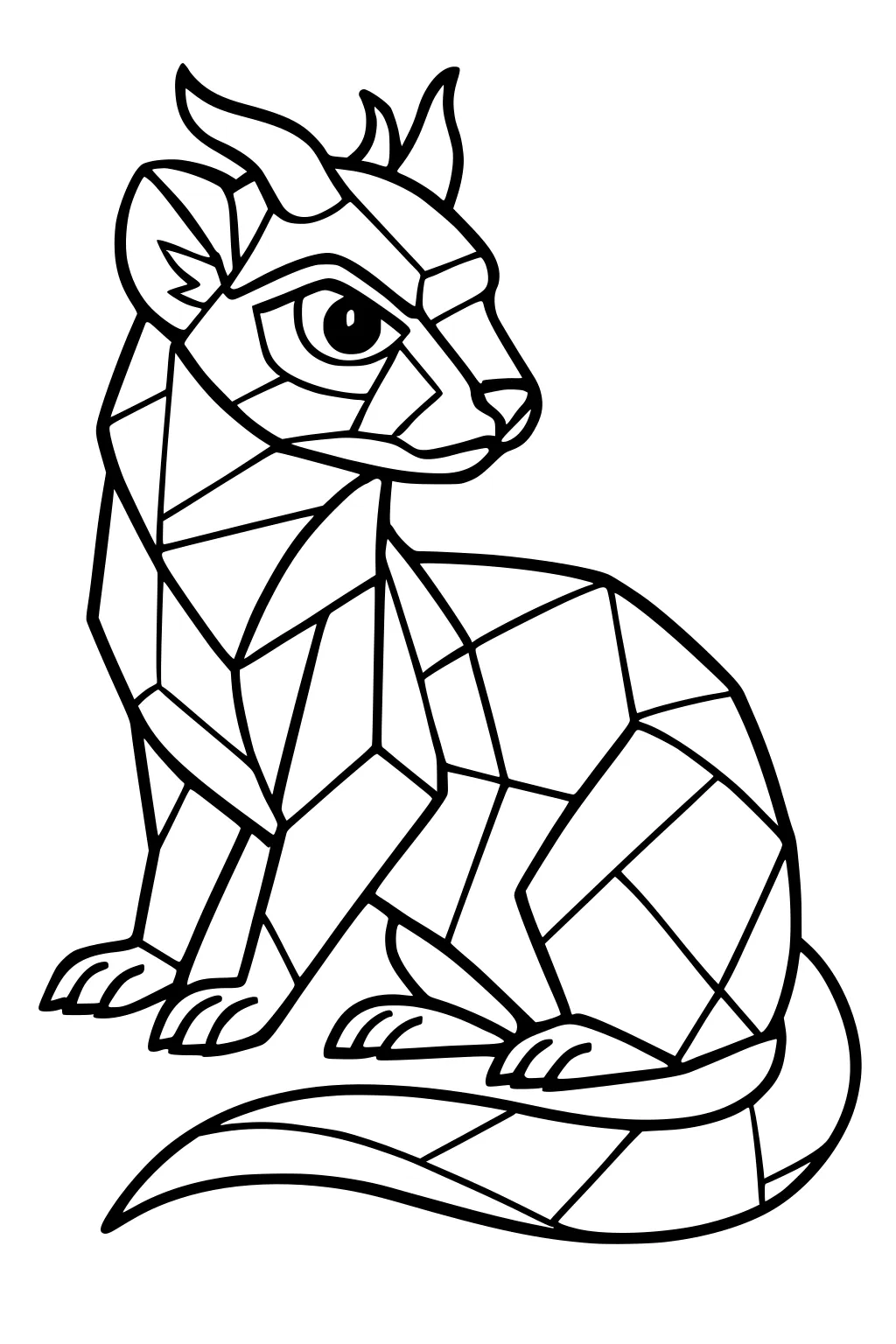 Geometric ferret with horns, big eye, perked ears, and curled tail, made from angular shapes.