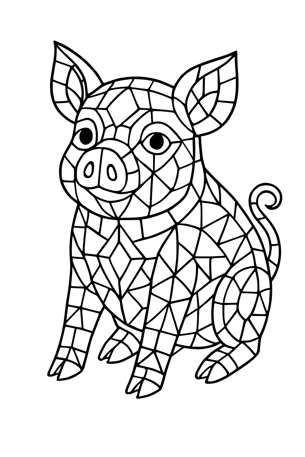 A mosaic-style piglet sits with a curly tail and big eyes, covered in geometric shapes, ready for coloring.