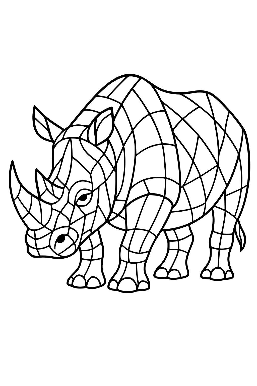 Patchwork-style rhinoceros with bold outlines and many geometric sections covering its body.