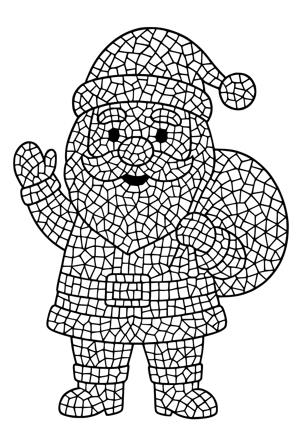 Mosaic-style Santa Claus waving with a mitten, smiling, and carrying a round sack over his shoulder, wearing a pom-pom hat, belt, and boots.